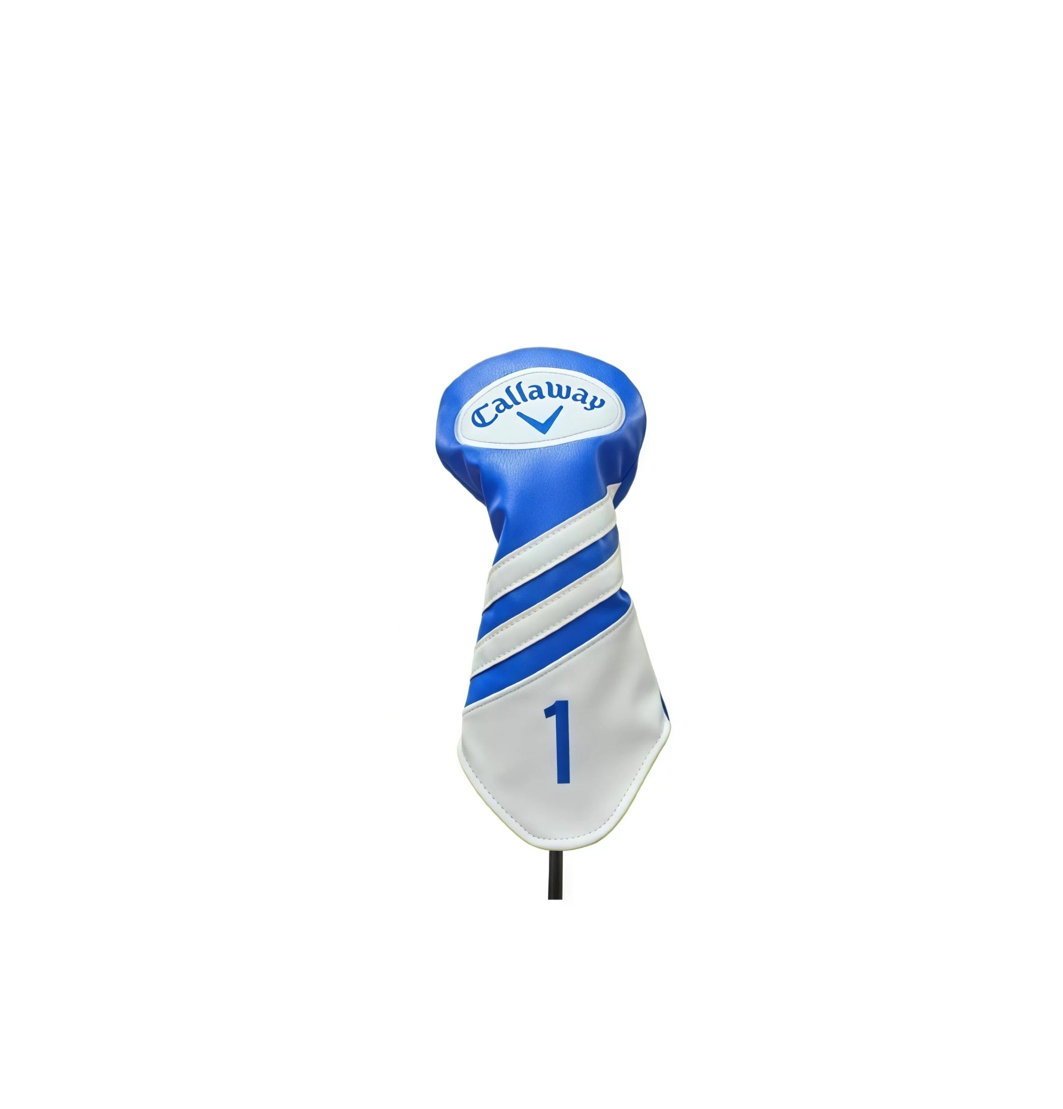 Rear perspective of Callaway blue-and-white driver cover showing continuous diagonal stripe design, reinforced seams, and smooth finish — emphasizes craftsmanship and compatibility with Callaway Rogue, Paradym, Big Bertha, and other major brands’ clubs