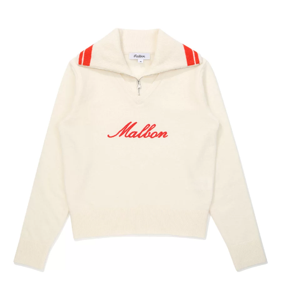 Malbon Women's Collared Knit Long Sleeve Beige knit long sleeve golf top detail view