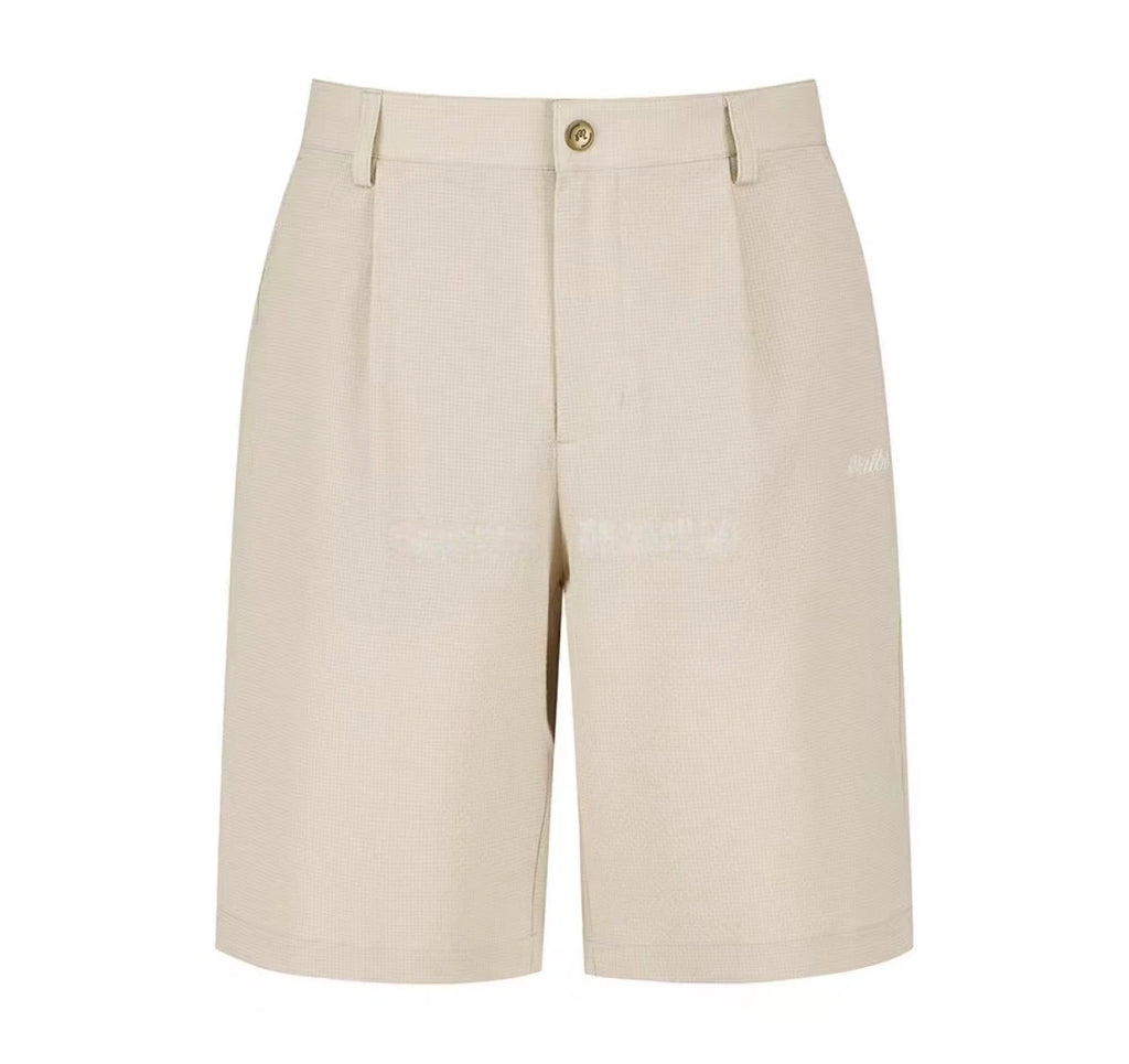Malbon Studio Seoul Seersucker Setup Shorts Beige seersucker golf shorts front view