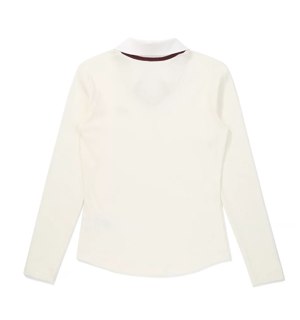 Malbon Women's Moisture-Wicking Long Sleeve Golf Polo Beige long sleeve golf polo model-wearing view