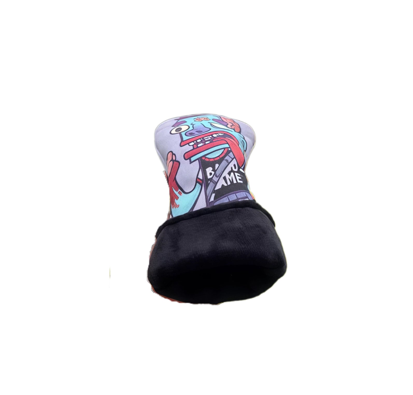 Bottom view of biohazard zombie style golf headcover showing black soft lining for scratch protection, compatible with standard golf clubs and featuring durable construction.