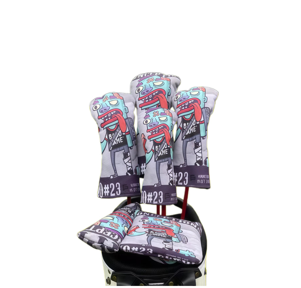 Biohazard zombie style golf headcovers set featuring driver, fairway woods, and putter covers with cartoon zombie graphic and #23 numbering, offering durable protection and fun design for golf clubs.