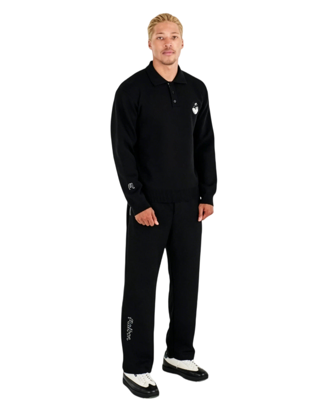 Malbon Studio Seoul Buckets Polo Sweater Black golf apparel worn front view