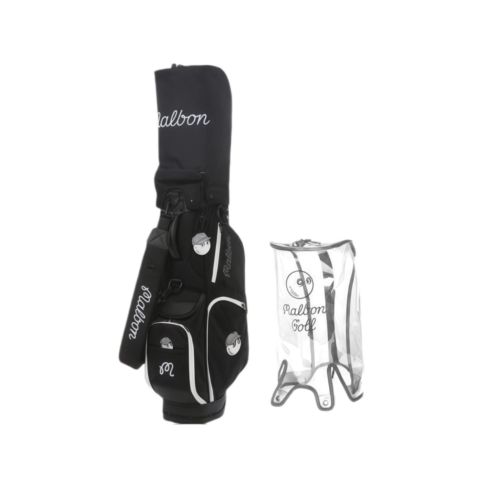 Black Malbon Golf Lightweight Stand Bag with white piping, signature cursive branding, playful mascot emblems, and matching clear rain cover for all-weather protection.