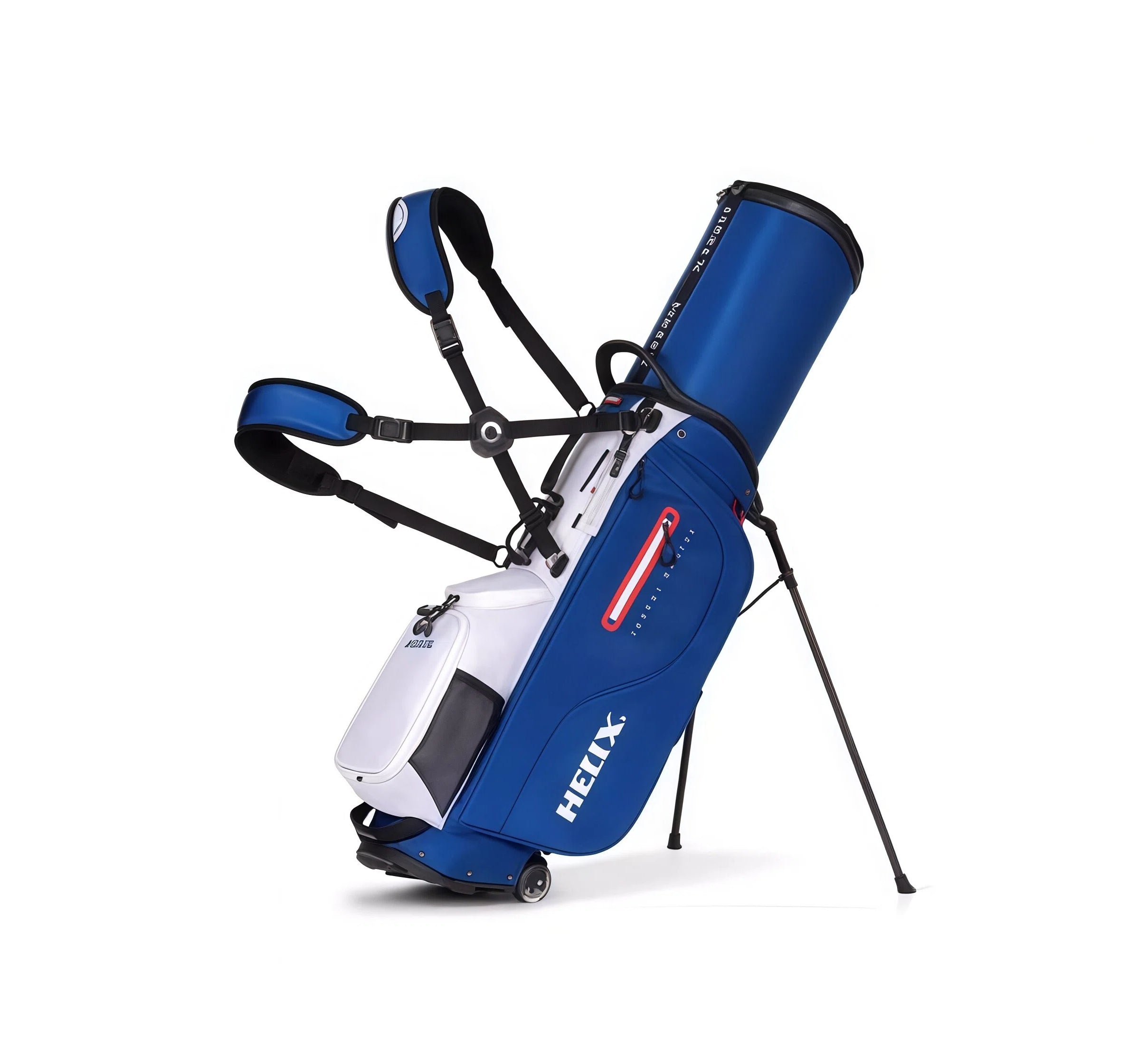 Blue and white golf bag with Helix branding on a white background
