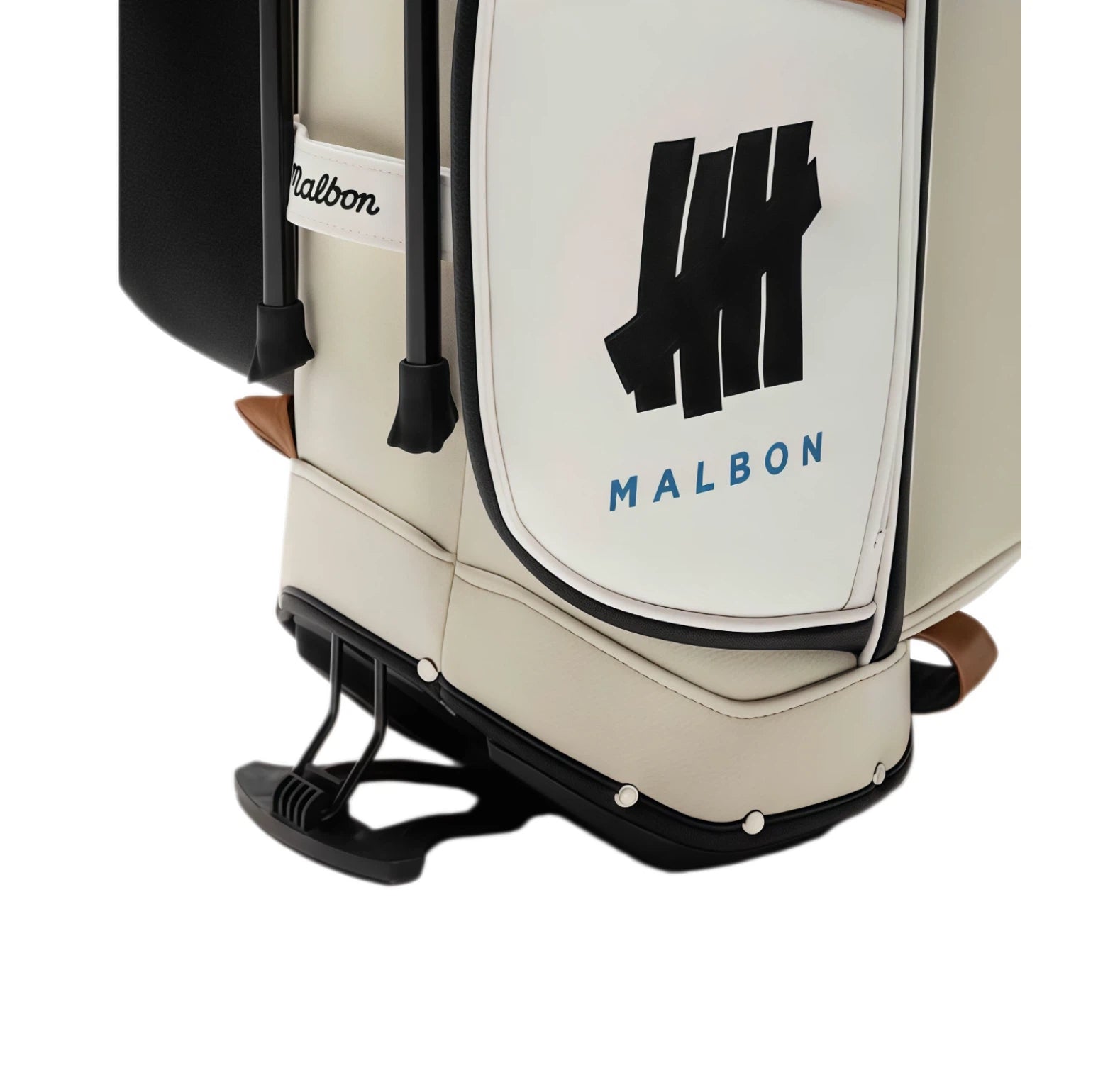 Bottom close-up of Malbon Golf bag showing protective rubber feet, embossed 'HH MALBON' logo on side panel, and reinforced base with brown leather accent trim.