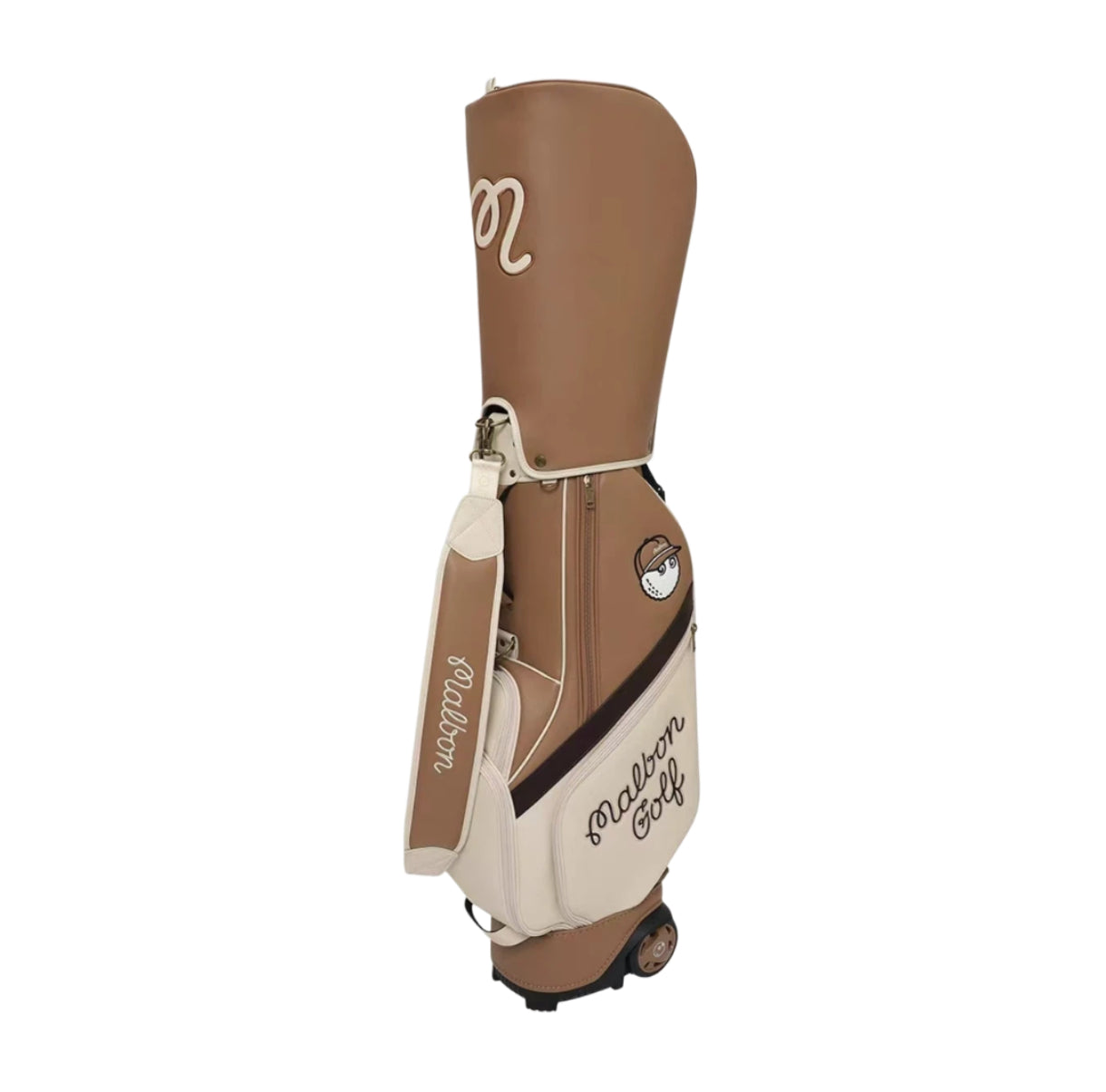 Malbon Golf Classic Wheeled Stand Bag in tan brown colorway with cream trim, showcasing stylish retro-inspired design and functional rolling stand system.