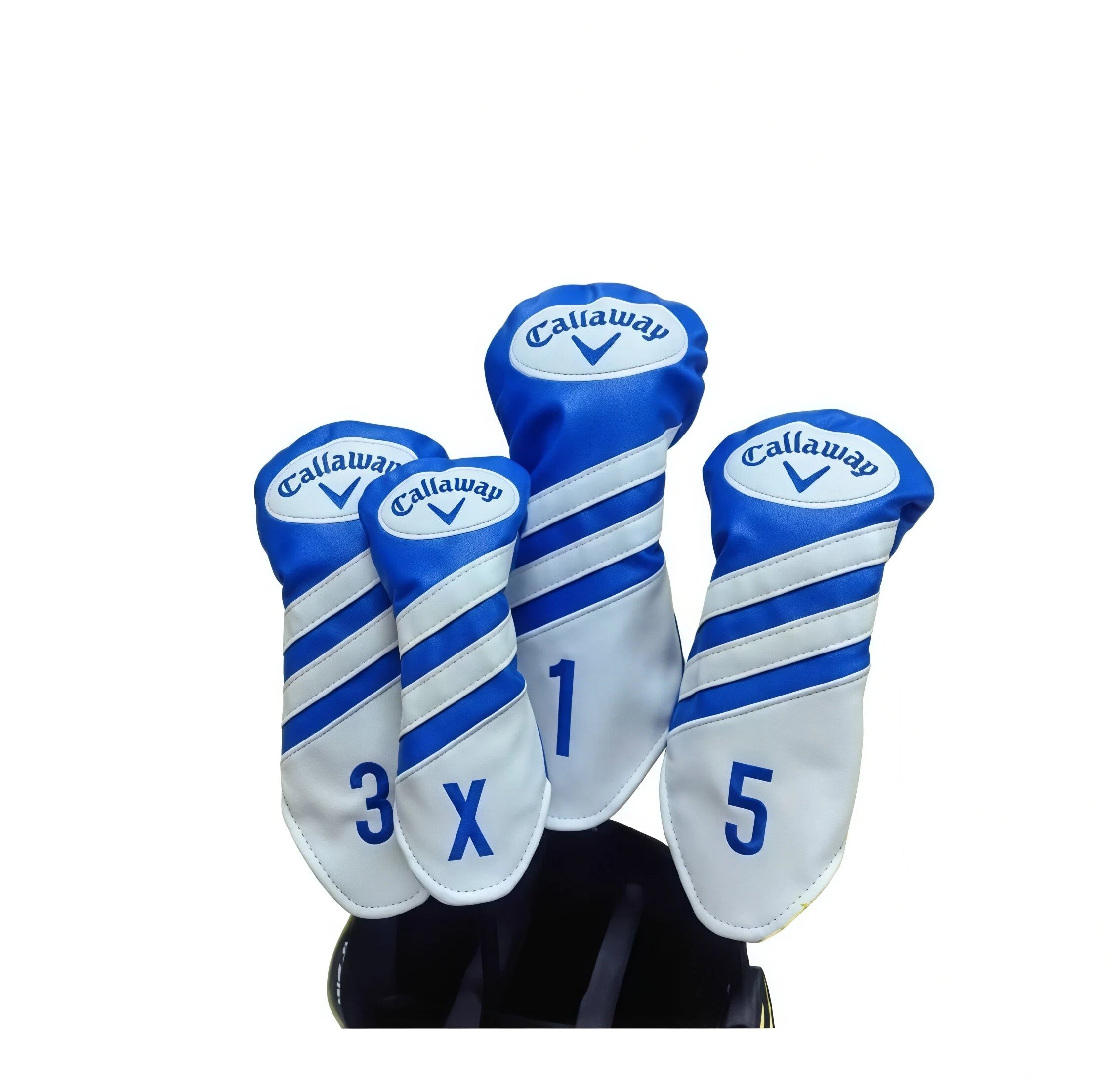 Set of 4 Callaway golf wood headcovers in classic blue and white with diagonal stripes — labeled 1 (driver), 3, 5, and X (hybrid); features embroidered “Callaway” logo, premium PU leather texture, and snug fit for maximum club protection during play or travel