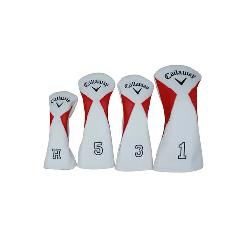 Set of 4 Callaway universal wood headcovers in white with red accents — includes driver (1), 3-wood, 5-wood, and hybrid (H) covers; features premium PU leather exterior, carbon fiber panels, and elasticized neck for secure fit on most woods and hybrids