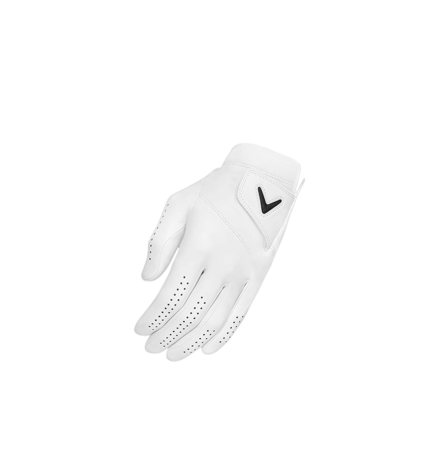 Callaway 2025 Tour Authentic men's golf glove (left hand) in white, featuring premium Cabretta leather construction and a breathable perforated design for superior grip.
