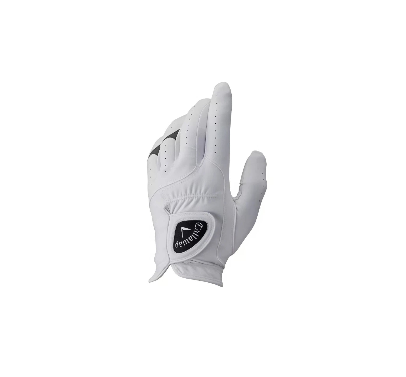 Callaway All Weather men's left hand golf glove in white, featuring durable synthetic leather construction and a secure fit for all-weather playability.