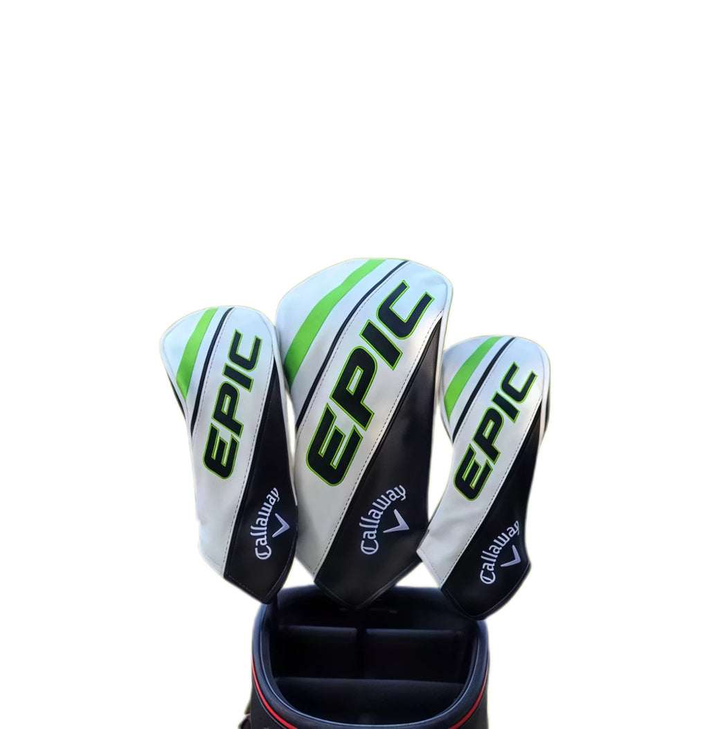 Callaway EPIC golf wood headcovers set featuring white body with green and black accents, durable material and precise fit for driver and fairway woods.