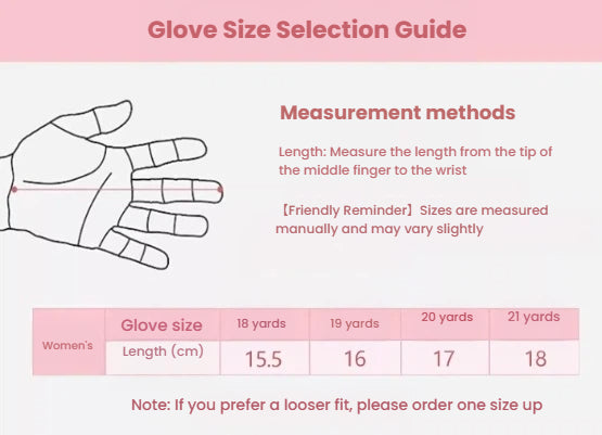 Size selection guide for Cation women's golf gloves, illustrating how to measure hand length from the tip of the middle finger to the wrist for sizes 18 to 21, with a friendly reminder that manual measurements may vary slightly.