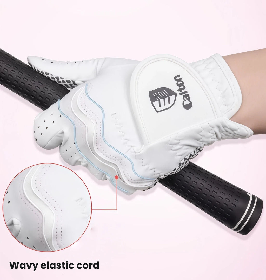 Cation women's golf gloves featuring a wavy elastic cord for enhanced flexibility and a snug fit, shown in use with a golf club, highlighting the durable construction and ergonomic design.
