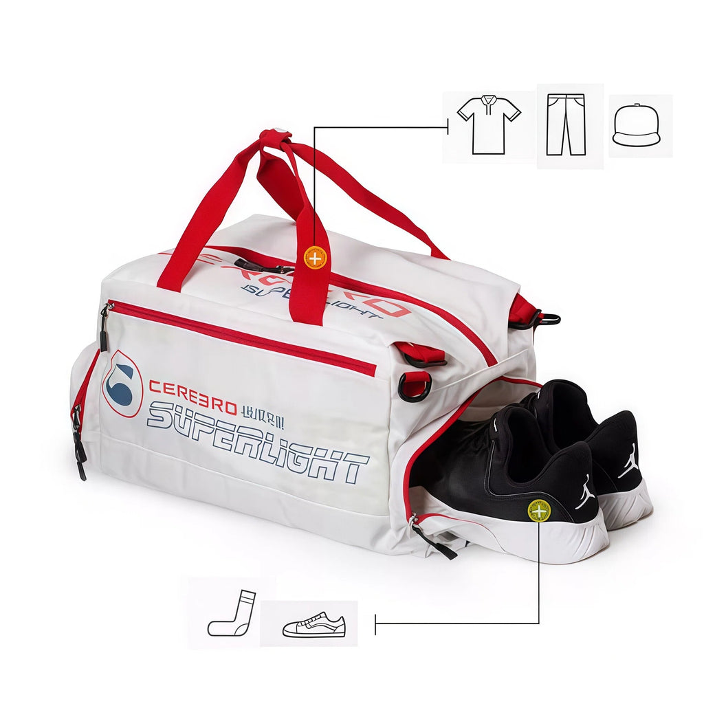 White Cerebro golf duffel bag with open shoe compartment showing black athletic shoes inside. Features dedicated space for socks, shoes, and clothing.