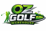 Logo of OZ Golf Warehouse with golf-themed design elements on a white background