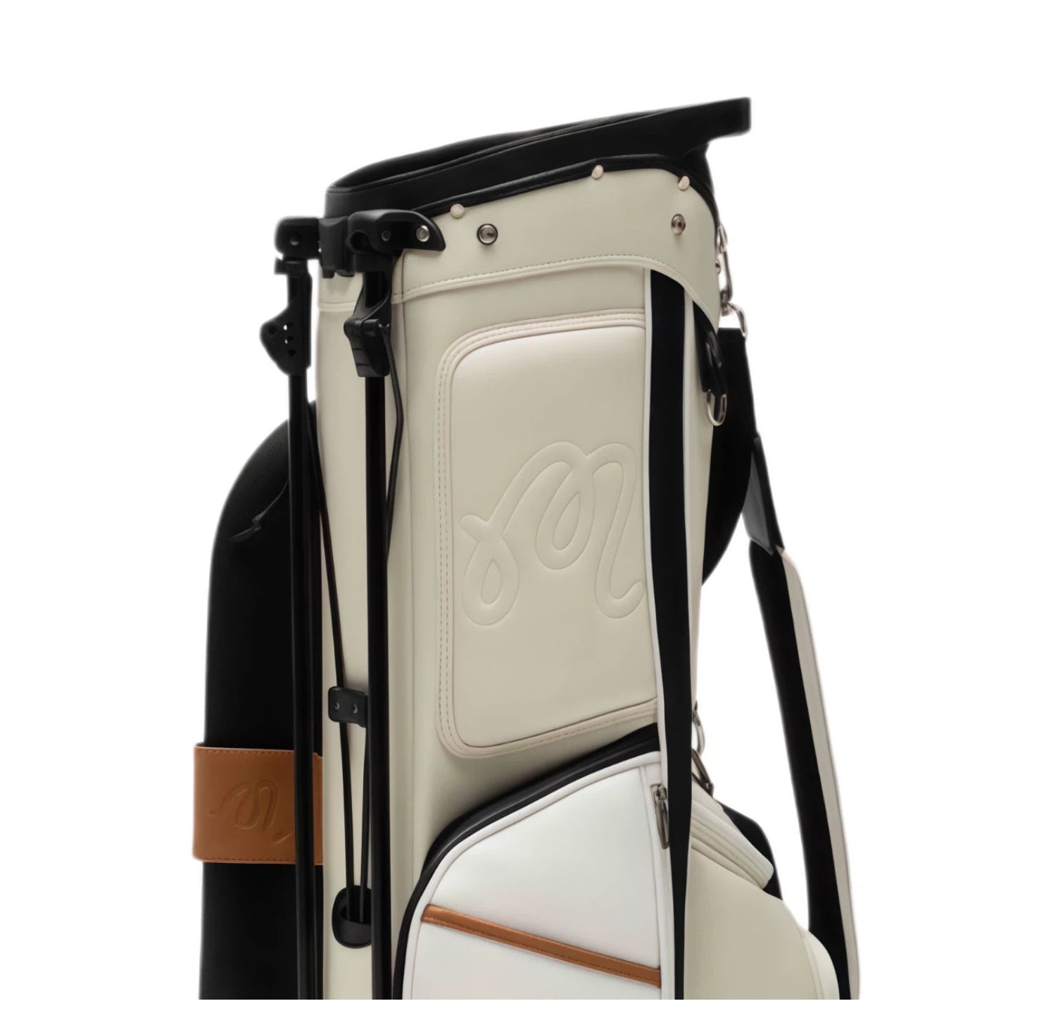 Close-up of back panel of Malbon Golf stand bag highlighting debossed 'M' logo on textured PU leather, padded背板 area, and sturdy frame construction for durability.