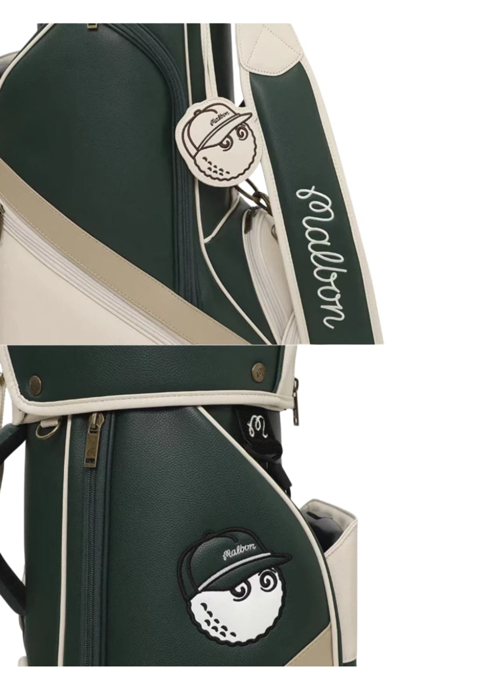 Close-up details of Malbon Golf bag: embroidered golf ball mascot with cap, branded leather tag on strap, and textured faux-leather material in dark green.