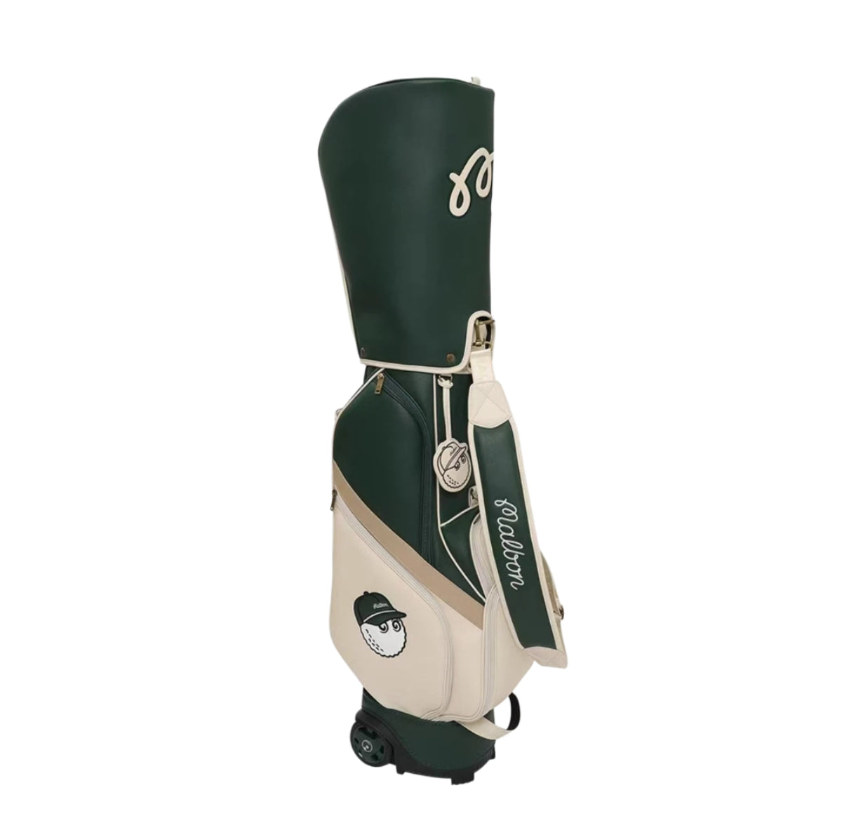 Front angle of Malbon Golf Classic Wheeled Stand Bag in forest green, highlighting embroidered golf ball character wearing cap and diagonal design panel.