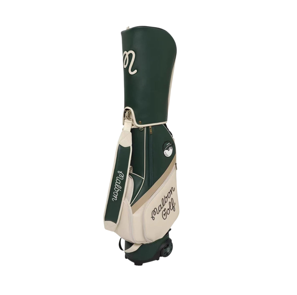 Side view of Malbon Golf Classic Wheeled Stand Bag in dark green and cream, showing shoulder strap with brand name and wheeled base for easy transport.