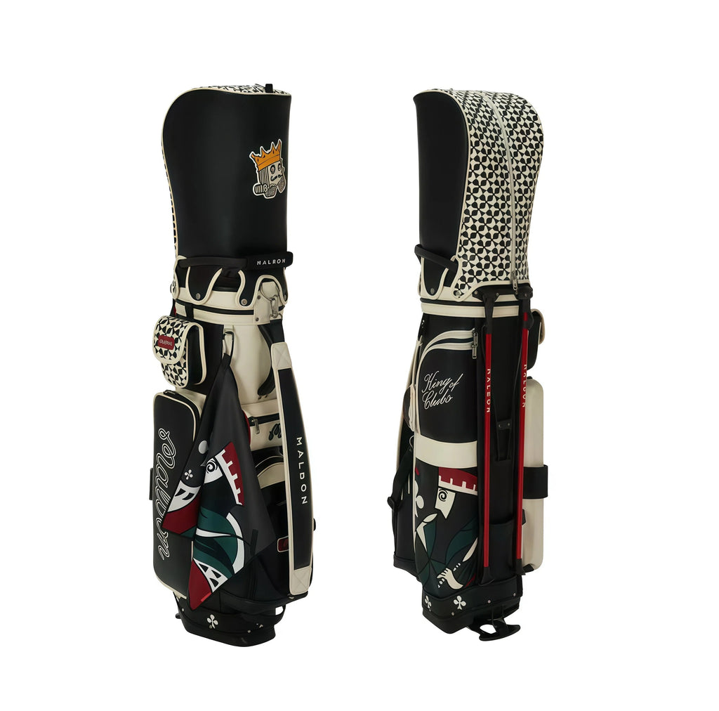 Two views of Malbon King of Clubs golf bag: front displays royal king graphic and branding, back shows storage pockets and adjustable shoulder strap with 'MALBON' lettering.