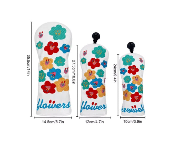 Embroidered PU golf wood headcovers set with尺寸标注 and colorful flower patterns, offering waterproof protection for driver, fairway and utility clubs.