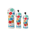 Set of three embroidered PU golf wood headcovers with colorful flower patterns and “flowers” text, compatible with driver, fairway woods, and utility clubs.