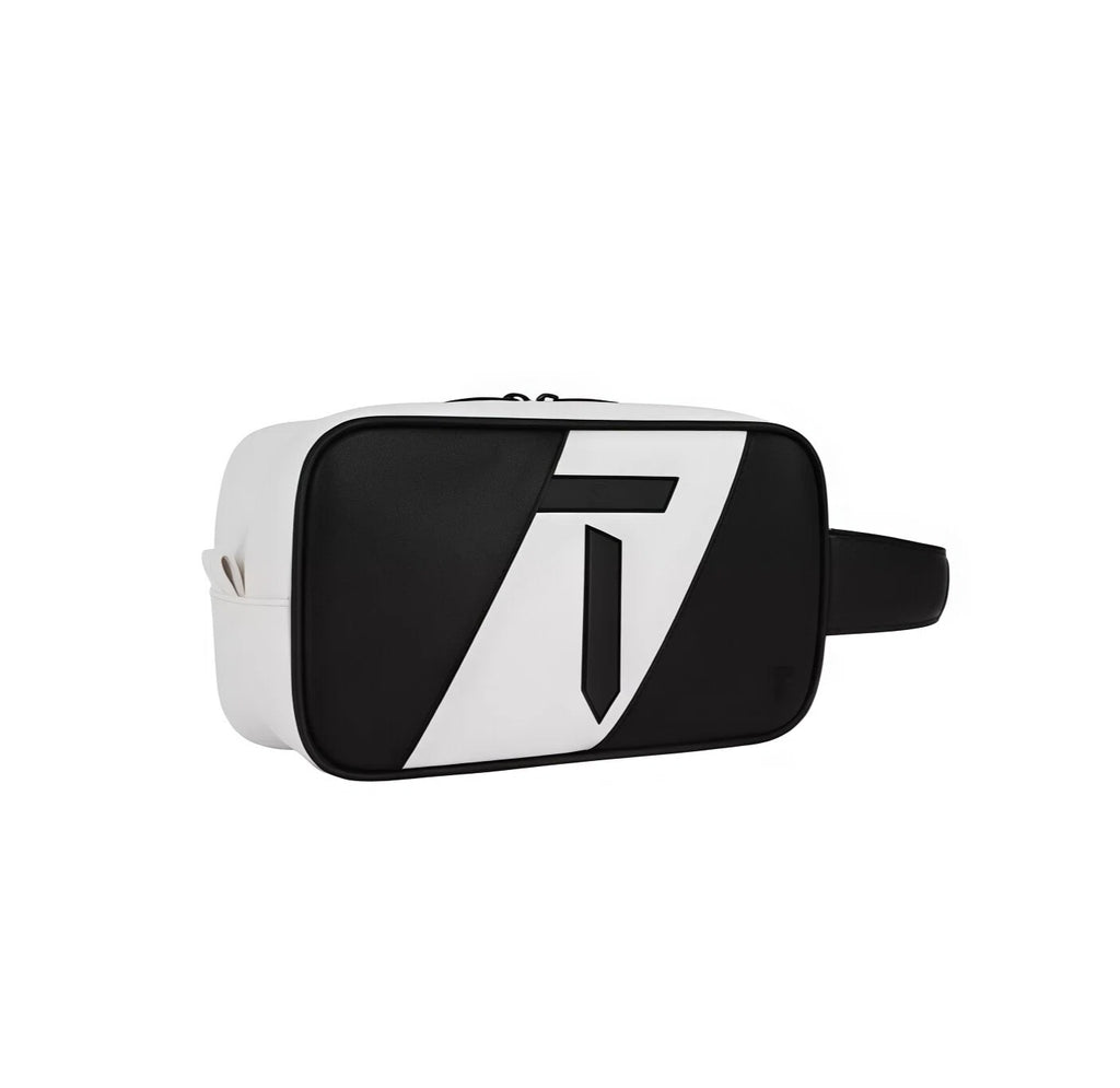 Side view of the European Tour golf pouch featuring a bold black-and-white geometric design with the iconic "T" logo. Includes a sleek black wrist strap and premium synthetic material.
