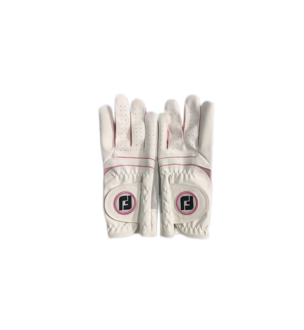 Pair of FootJoy HyperFLX golf gloves showing the back of the hand, featuring the iconic FJ logo, pink trim details, and a secure velcro closure system.