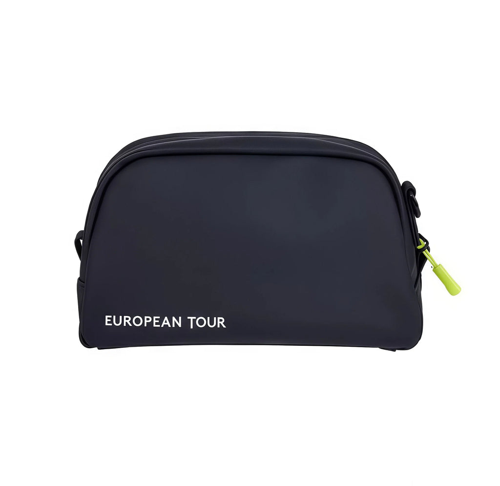 Front-facing view of the black European Tour accessory pouch displaying the "EUROPEAN TOUR" text in white. Features a neon yellow zipper pull and durable construction.
