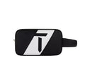 Front-facing view of the European Tour golf pouch showcasing the large diagonal "T" logo in black and white. Designed for style and functionality with a detachable wrist strap.