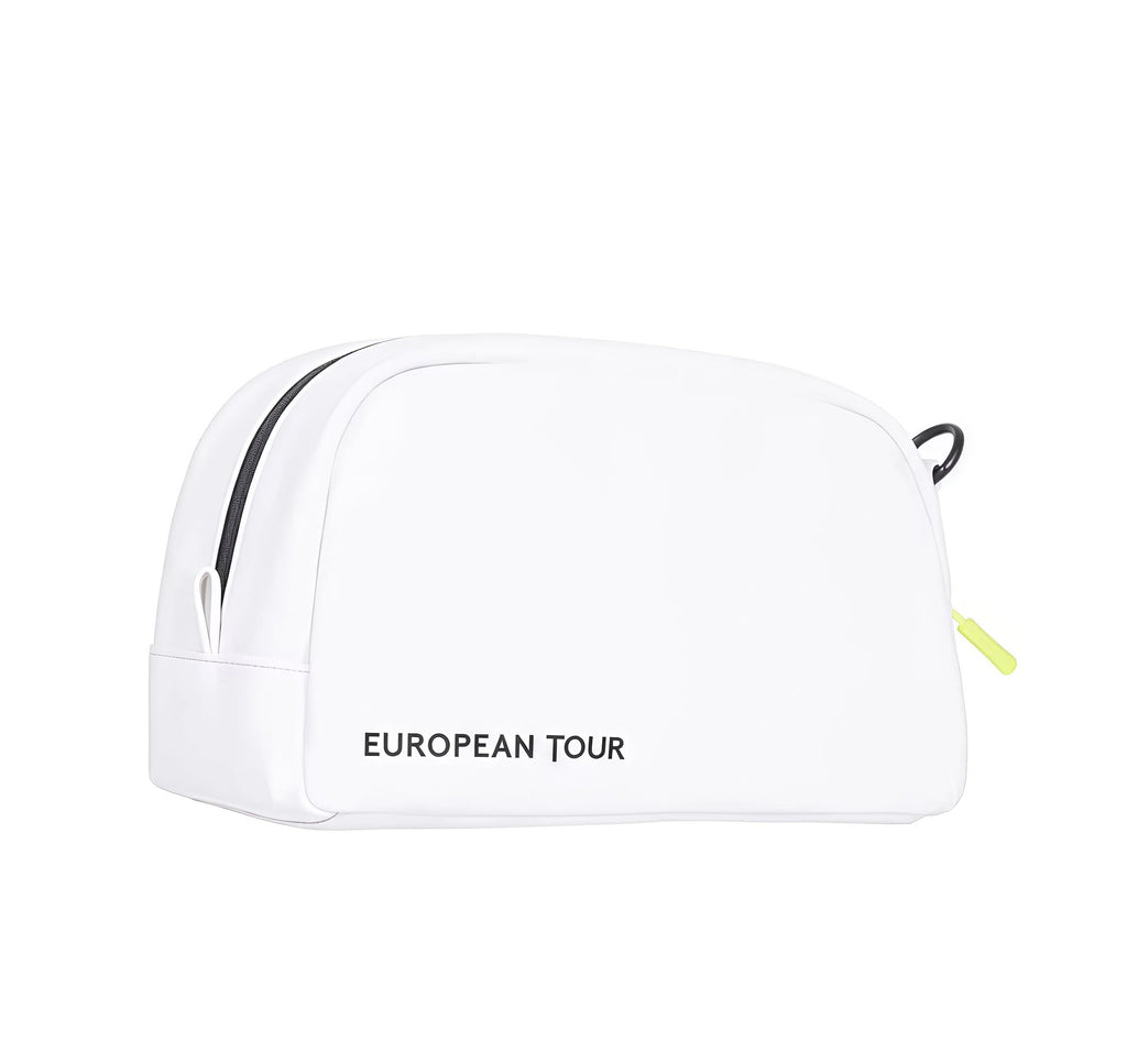 Front view of the white European Tour accessory pouch with "EUROPEAN TOUR" printed in black. Features a minimalist design and neon yellow zipper pull.