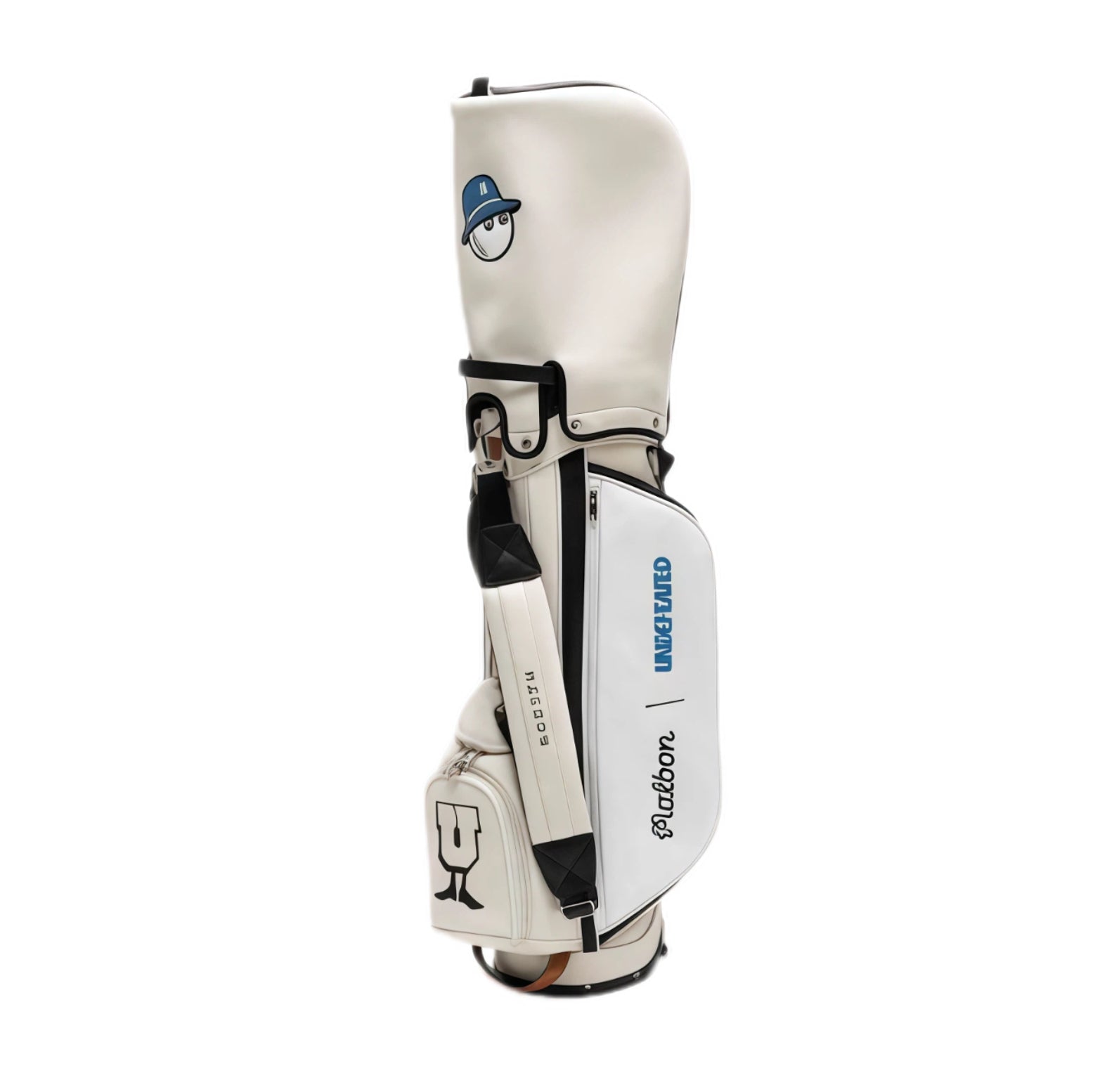 Front view of Malbon Golf Stand Bag in premium white PU leather, featuring blue cartoon golfer mascot on hood, 'MALBON' branding in blue, and black dual rain hoods.