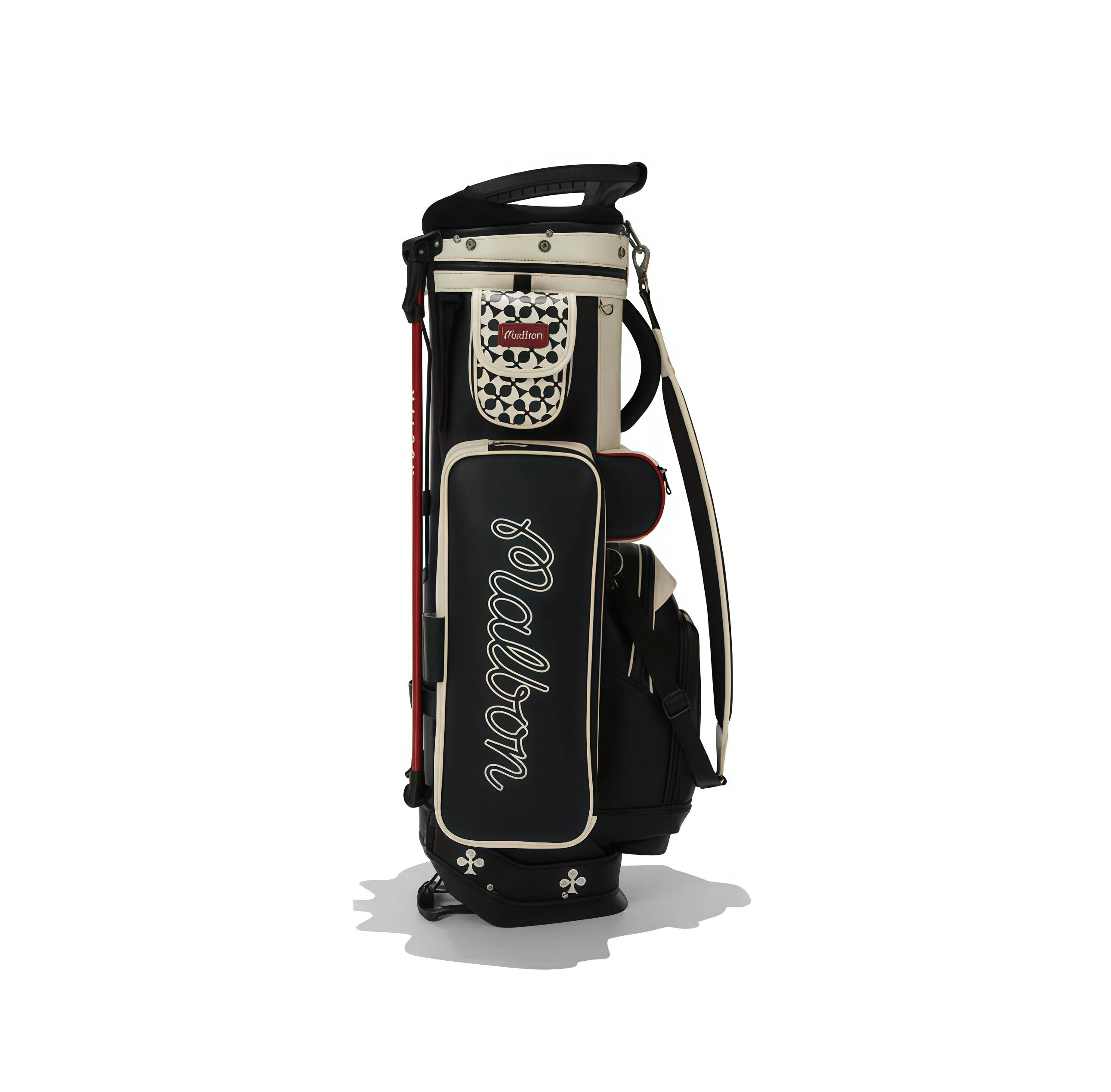Full frontal view of Malbon Golf King of Clubs Stand Bag on white background, highlighting clover-shaped base feet, premium faux leather texture, and signature crown emblem.