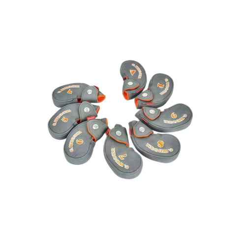 G.Winner Streamlined Golf Iron Covers Set in grey with orange numbers 4, 5, 6, 7, 8, 9, I, P - magnetic closure for durable, dust-proof protection