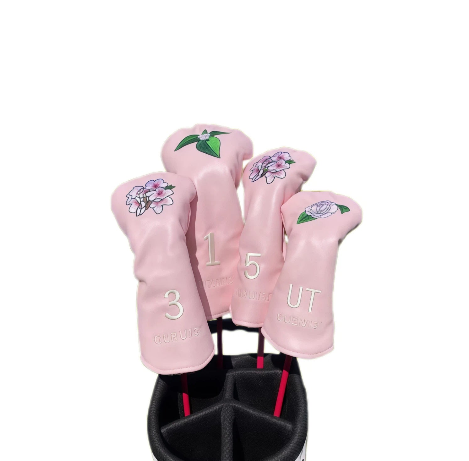 Pink GURUISI golf headcover set with embroidered cherry blossom and rose motifs — features driver (1), 3-wood, 5-wood, and utility cover with magnetic closure and soft PU material for feminine golf style.