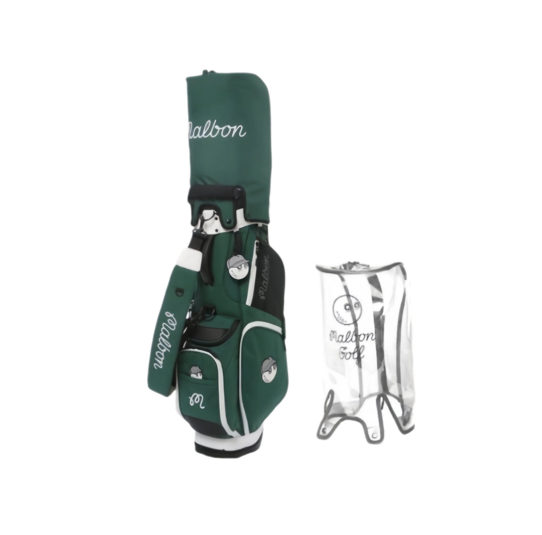 Green Malbon Golf lightweight stand bag with water-resistant nylon fabric, single carry strap, branded logos, and transparent protective rain hood displayed beside it.
