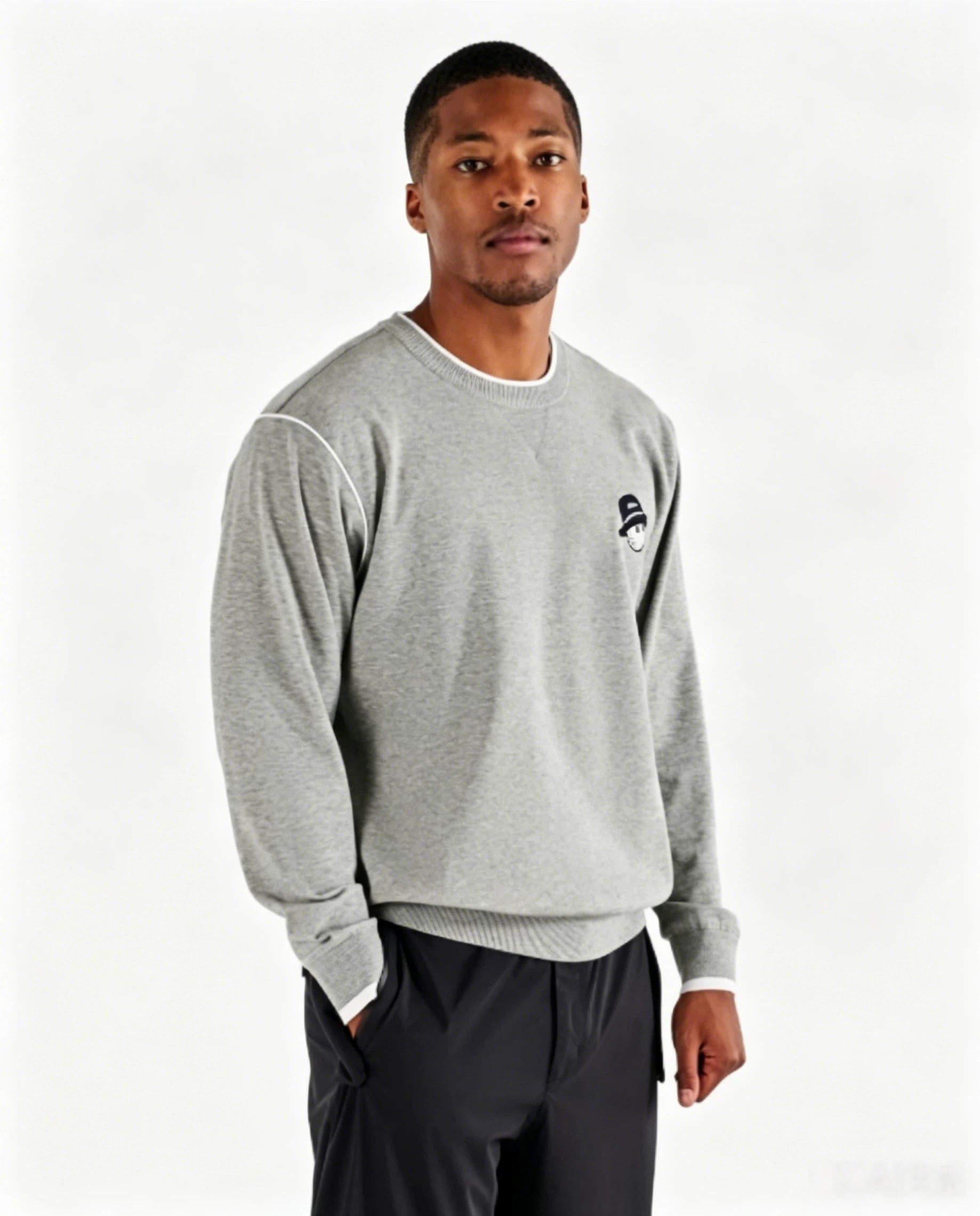 Malbon Studio Seoul Double-Knit Men's Pullover Grey golf apparel worn front close-up