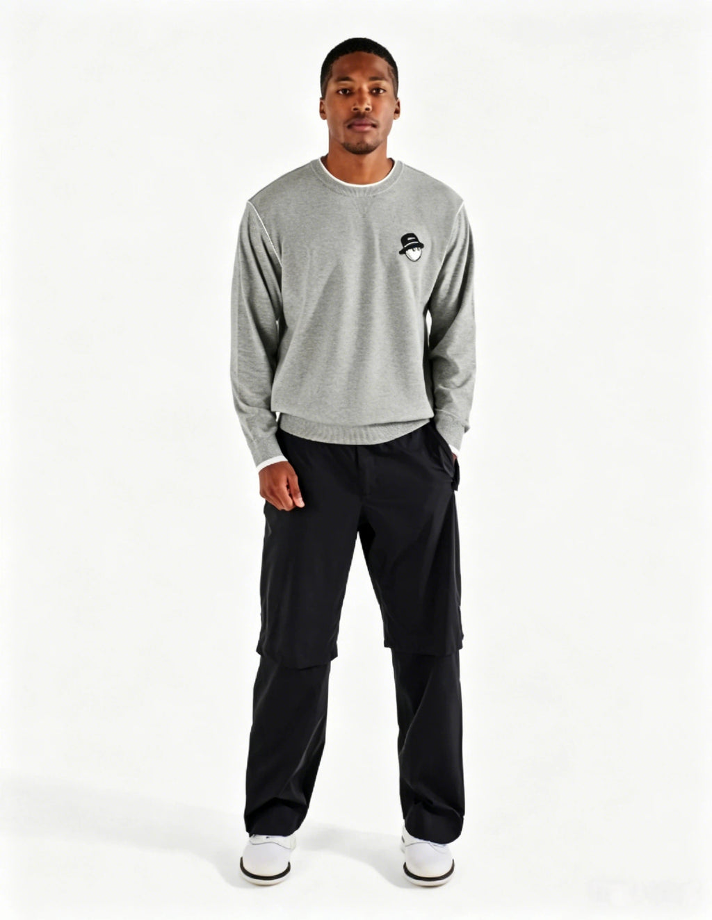Malbon Studio Seoul Double-Knit Men's Pullover Grey golf apparel worn full outfit view