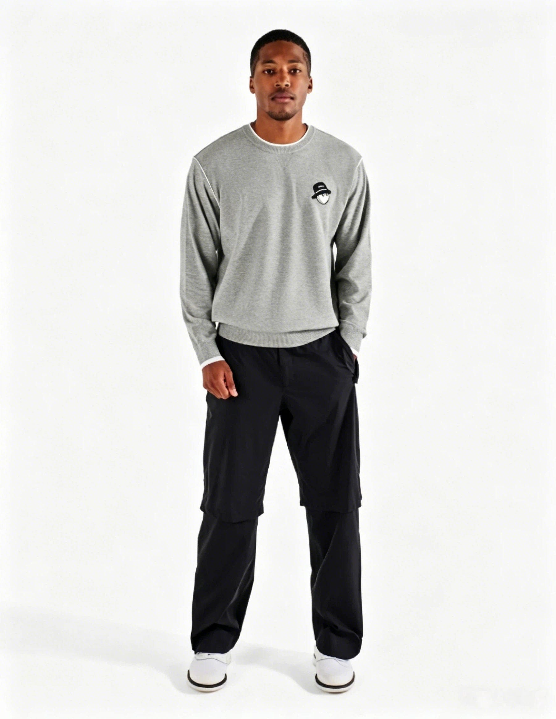 Malbon Studio Seoul Double-Knit Men's Pullover Grey golf apparel worn full outfit view