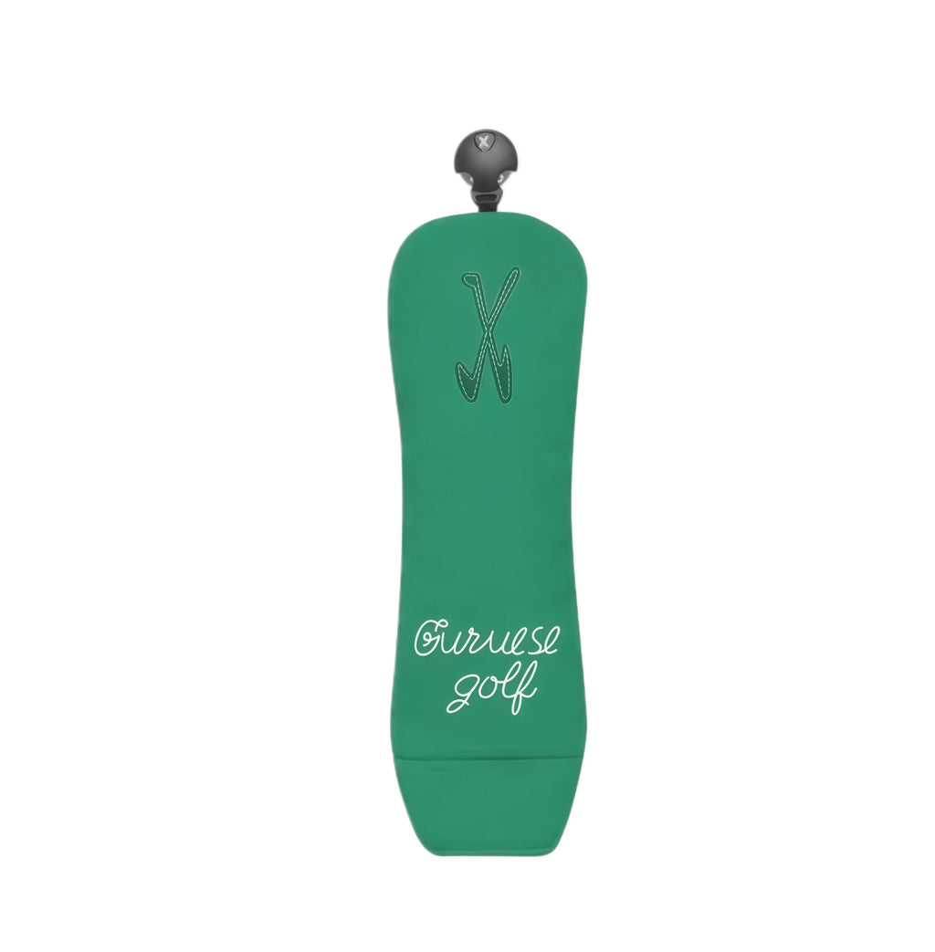 Green Guruese Golf hybrid headcover featuring embroidered “X” symbol (representing crossed clubs) and white cursive brand name; slim profile ensures snug fit for hybrids, utility irons, or rescue clubs.