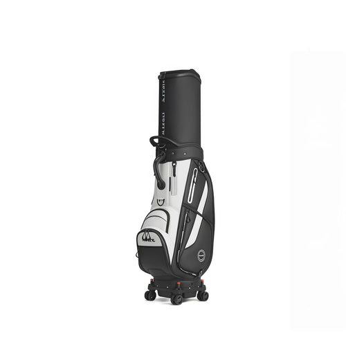 Front view of the HELIX H95236 luxury golf cart bag in black and white, showcasing its durable construction, multiple compartments, top handle, and four-wheel base for easy mobility.