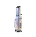 Front view of the HELIX Jungle Collection golf cart bag H95210 featuring a vibrant iridescent rainbow finish, multiple zippered compartments, black trim, and dual wheels for easy mobility.