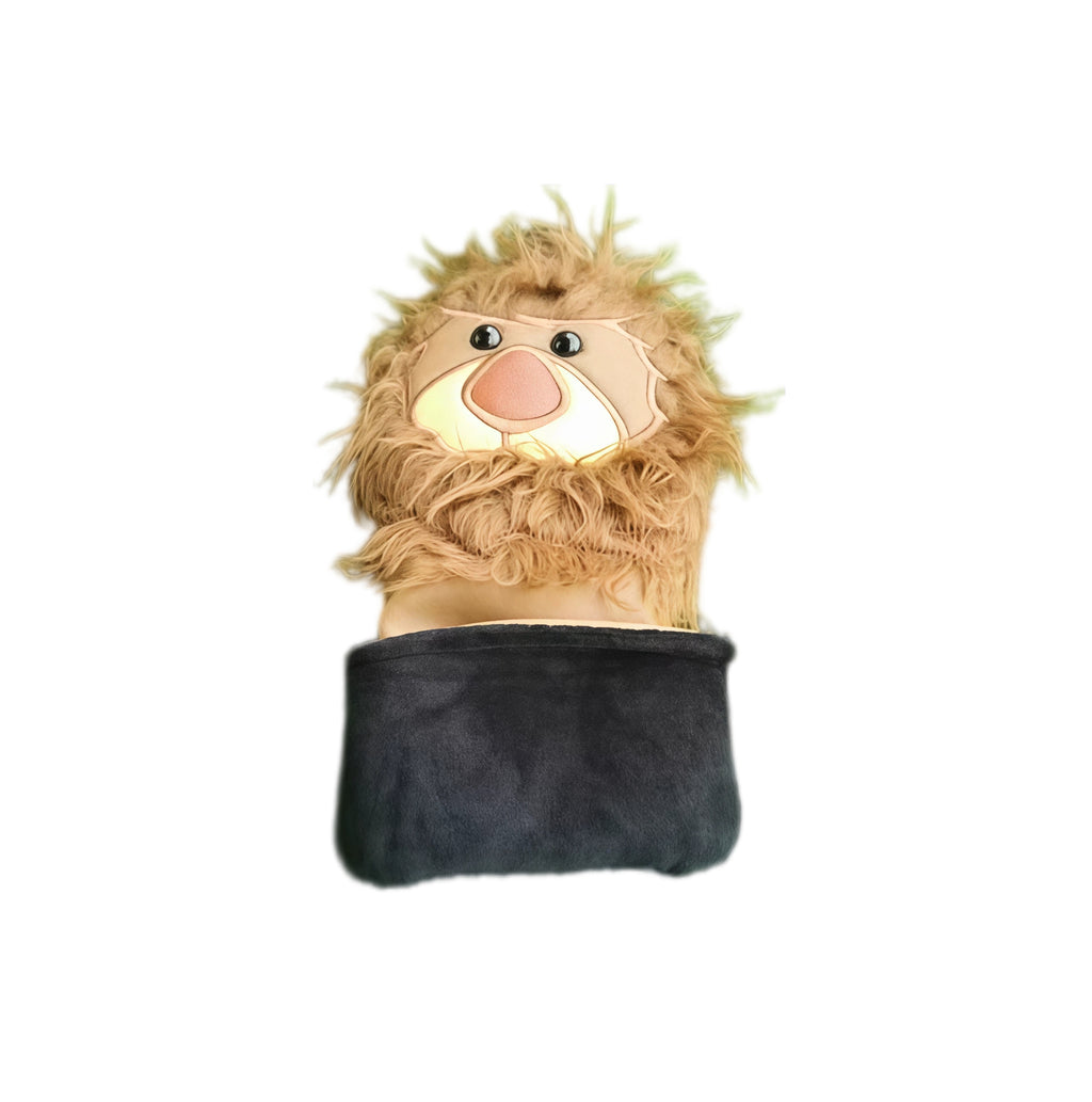 Top-down view of the lion golf headcover showing the plush black velvet interior lining designed to protect the club head, with the furry lion face visible above.
