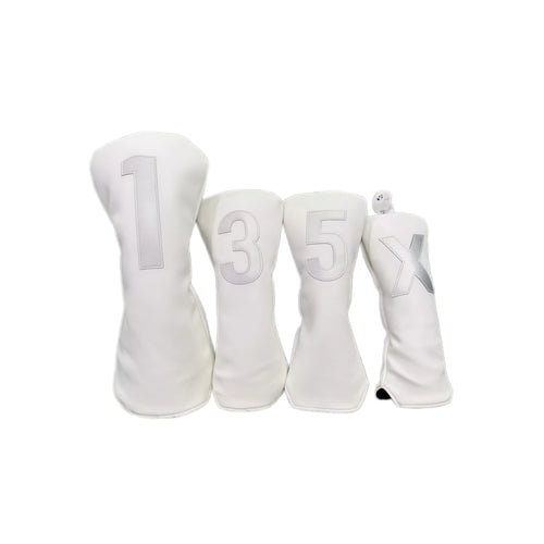 White Korean style PU golf headcovers set featuring large silver embroidered numbers “1”, “3”, “5”, “X” for driver, fairway and utility clubs, with elastic hem and durable protection.