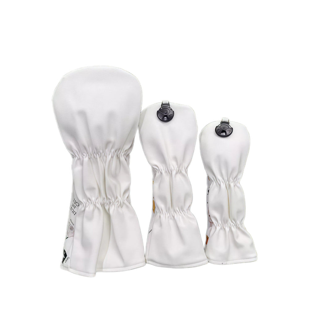 Back view of Lazy Cat golf headcovers set showing elastic hem and snap button closure, designed for secure fit and durable protection.