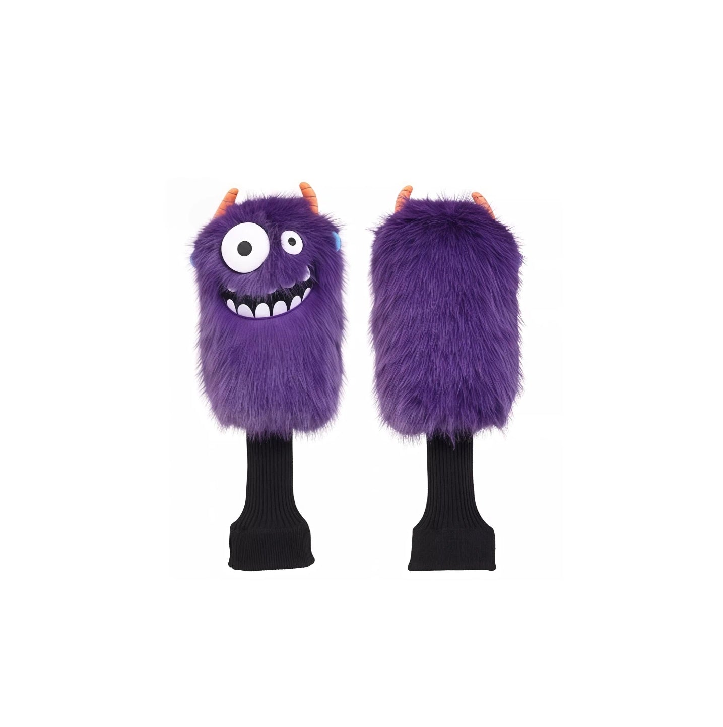 Purple little monster golf driver headcover with orange horns and a cheerful face, made of high-quality plush fabric to protect your 1 wood club and showcase your personality on the course.