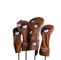Malbon Bucket Hat Golf Headcover set featuring brown PU leather with 3D embroidered cartoon golf balls wearing bucket hats, including driver, fairway wood, and iron covers with "Malbon Golf" branding.