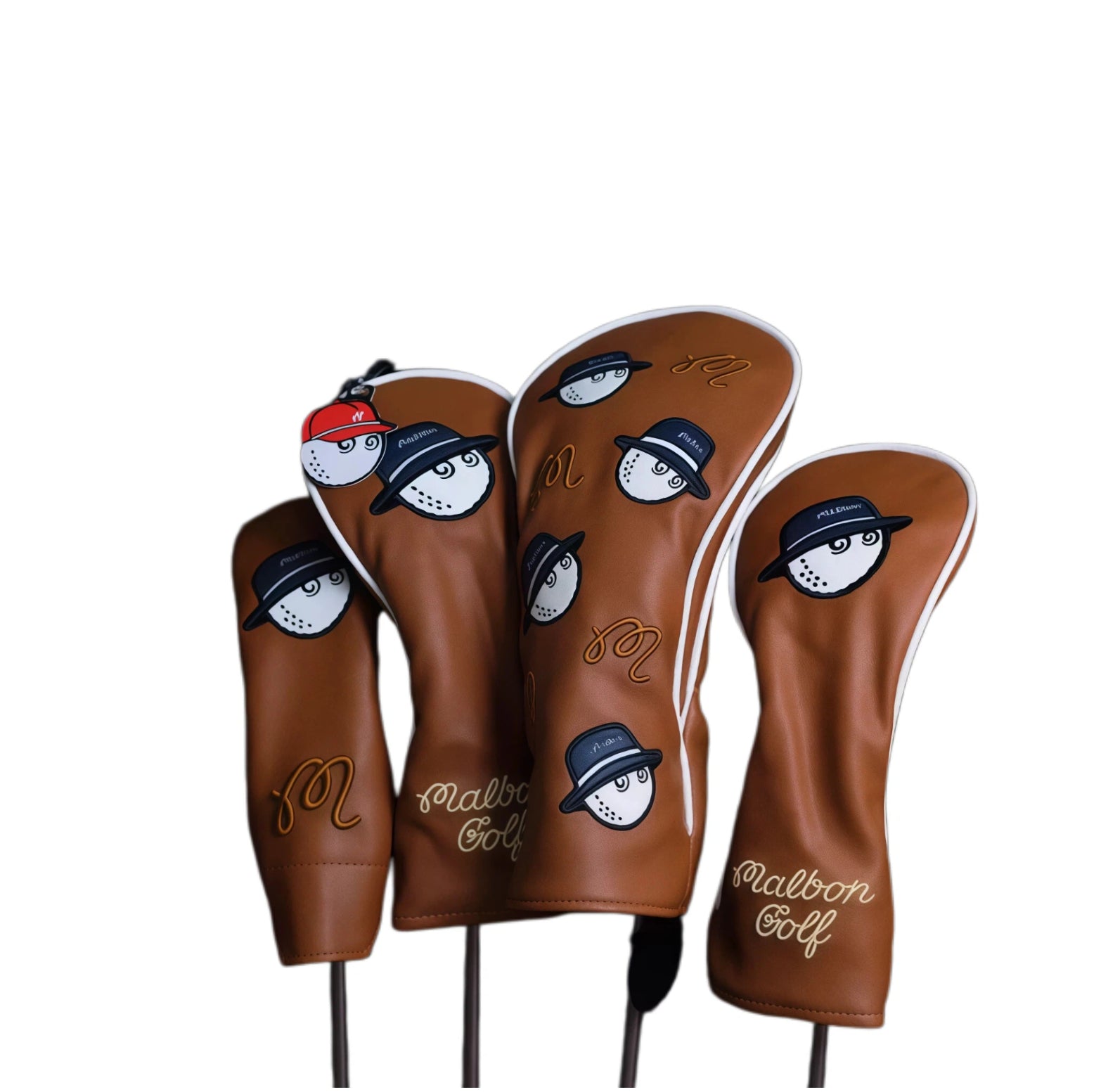 Malbon Bucket Hat Golf Headcover set featuring brown PU leather with 3D embroidered cartoon golf balls wearing bucket hats, including driver, fairway wood, and iron covers with "Malbon Golf" branding.