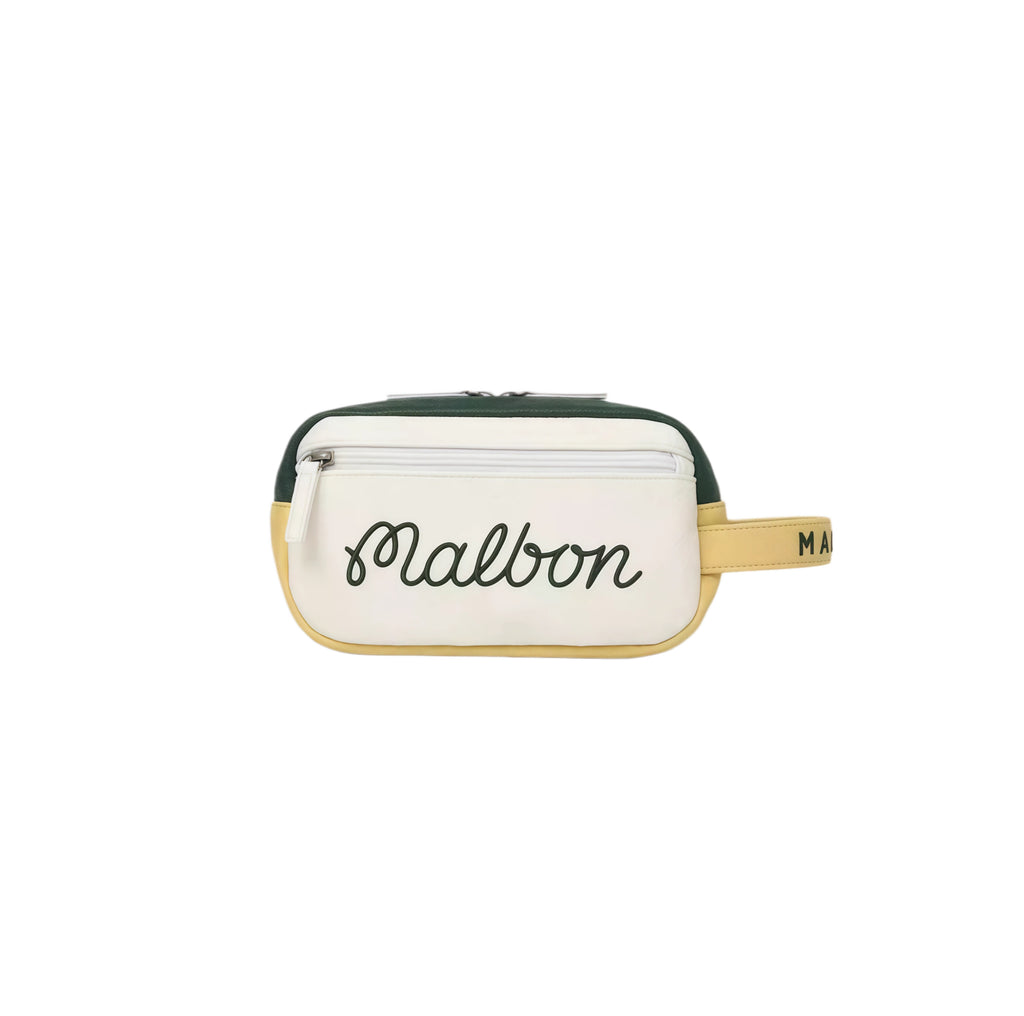Front view of the Malbon clutch in green and yellow with a white center panel displaying the cursive "Malbon" logo. Lightweight and stylish, perfect for travel or daily carry.